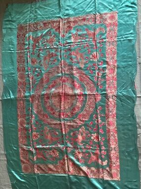 Vintage Asian silk brocade turquoise red fabric bedspread 77” long 52” wide